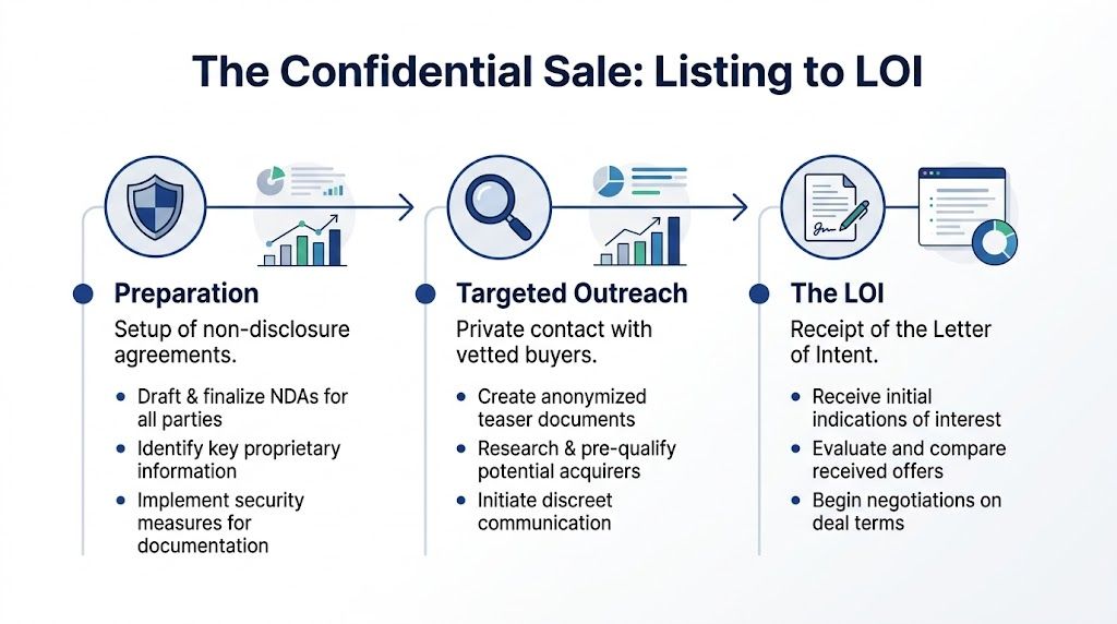 A process flow chart illustrating the steps of a confidential small business sale from listing to LOI.