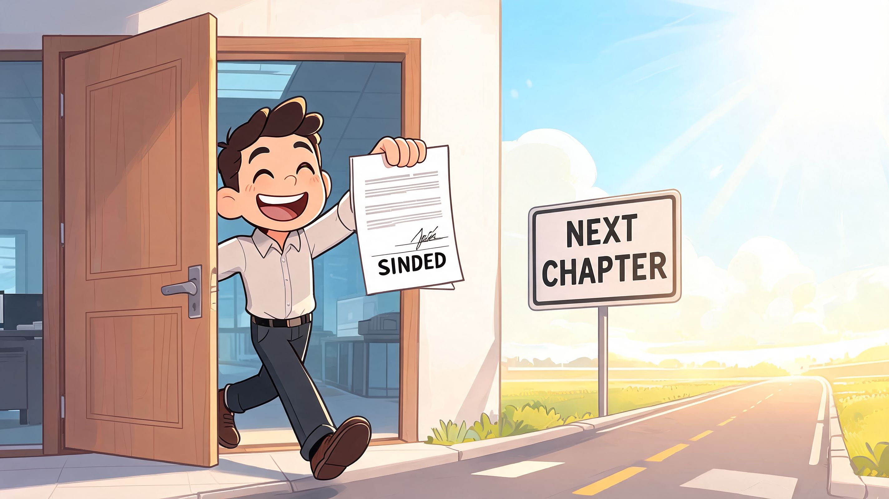 A happy businessman walks out of an office holding a signed contract toward a new beginning.