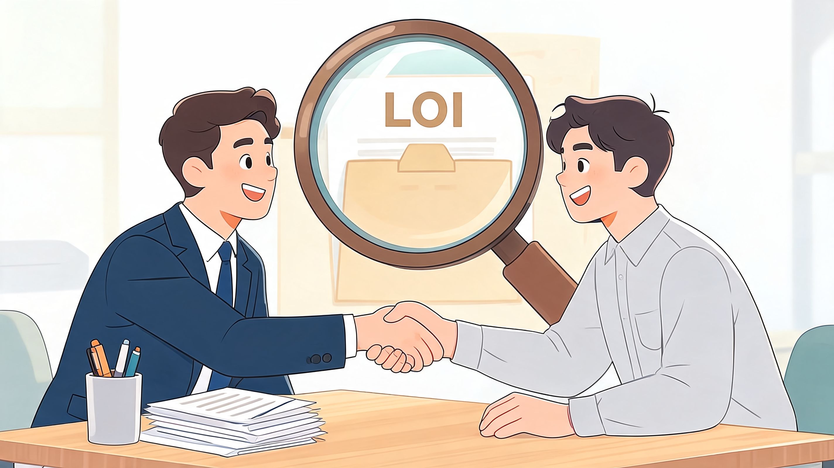Two professionals shaking hands over a business contract while looking through a magnifying glass at an LOI.