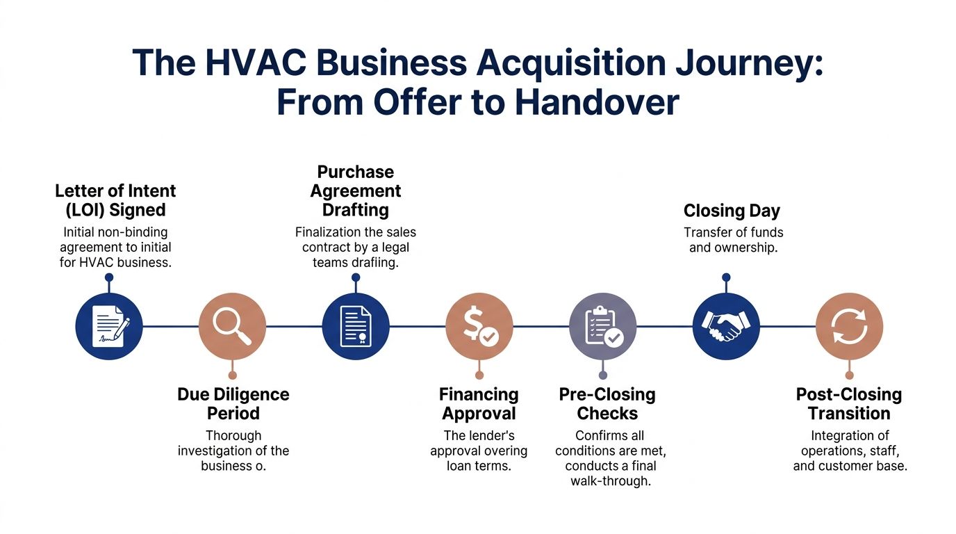 A diagram outlining the sequential steps of the HVAC business acquisition process from offer to final handover.