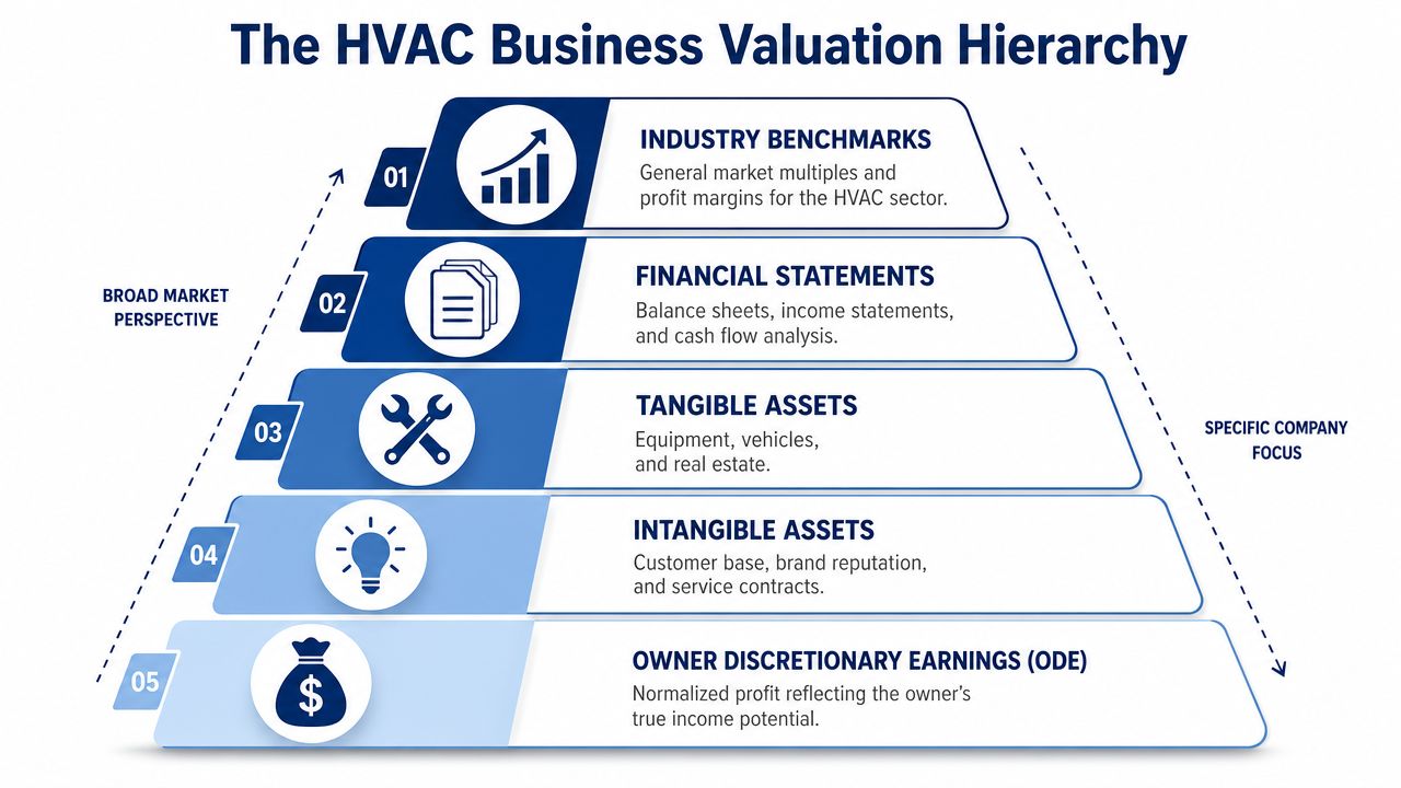 A hierarchical pyramid chart outlining the five key factors for evaluating an HVAC business valuation.