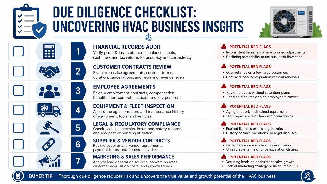 An infographic checklist titled Due Diligence Checklist for evaluating the health of an HVAC business operation.