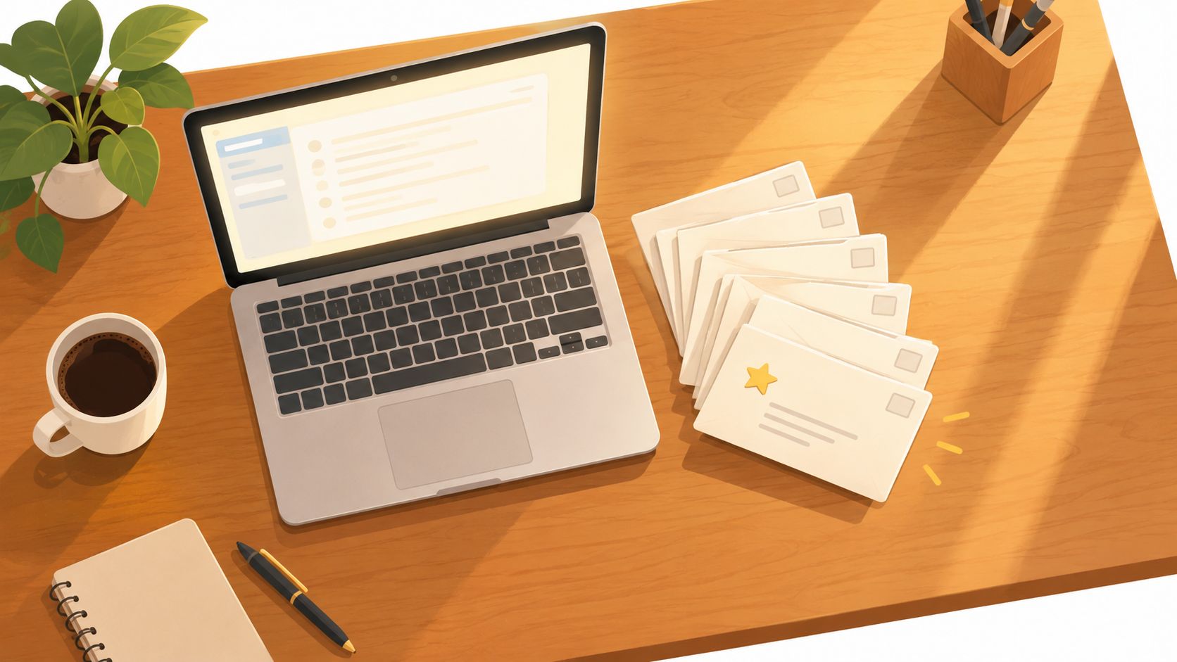 A modern workspace featuring a laptop, a stack of envelopes, a coffee mug, and a houseplant.