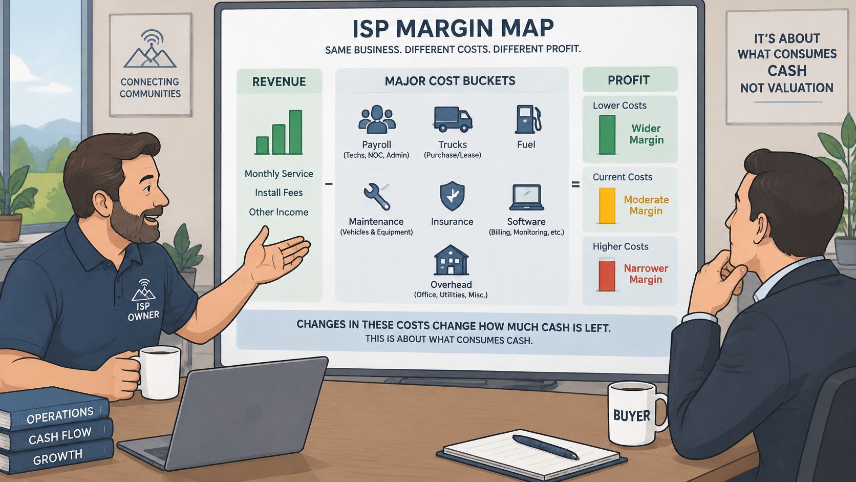 An ISP owner explaining a visual margin map showing revenue, cost buckets, and profit margins to a buyer.