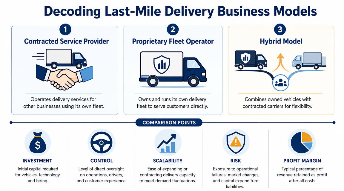 A diagram comparing three business models for last-mile delivery: Contracted Service Provider, Proprietary Fleet Operator, and Hybrid Model.