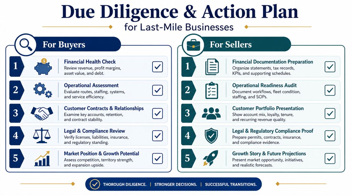 A comprehensive due diligence and action plan infographic for buyers and sellers of last-mile delivery businesses.