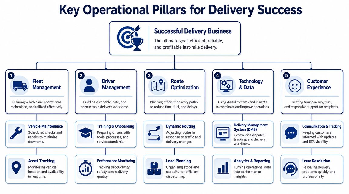 A diagram outlining five key operational pillars for achieving a successful and efficient last-mile delivery business.