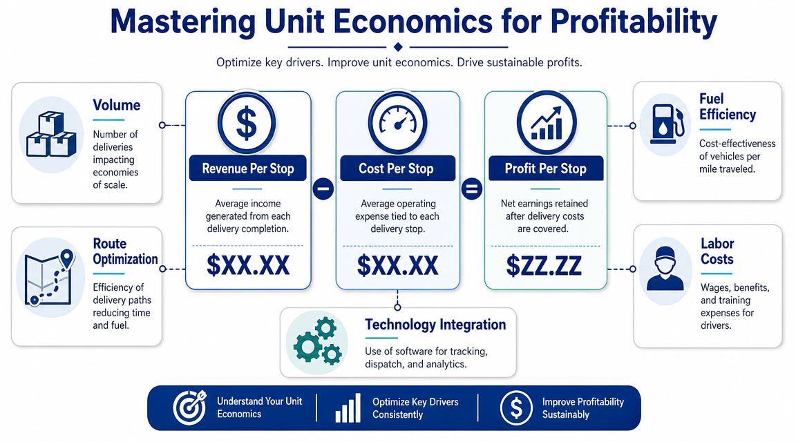 An infographic titled Mastering Unit Economics for Profitability, explaining key business drivers for last mile delivery services.