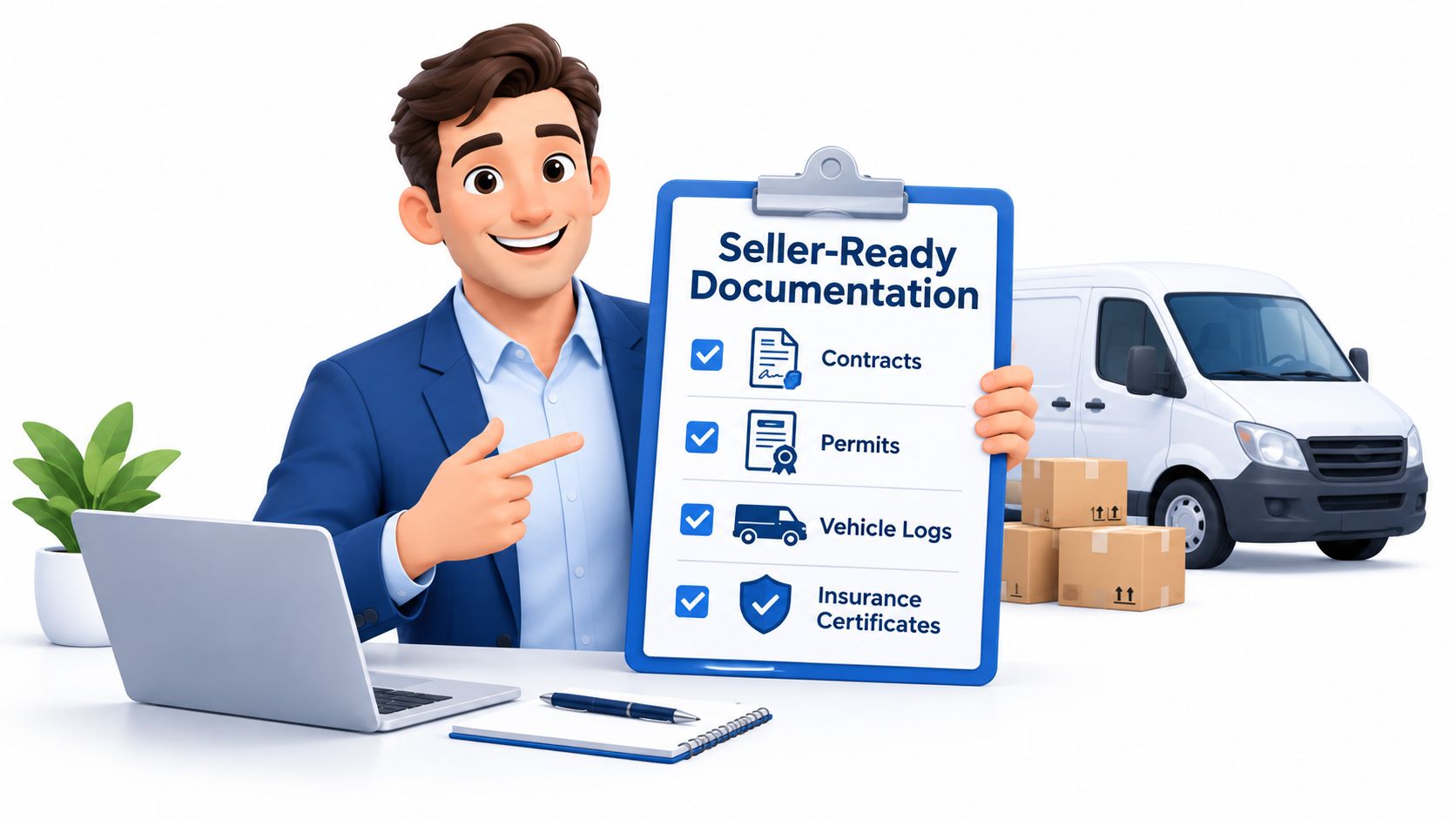 A 3D character business professional pointing to a clipboard listing essential documents for last mile delivery services.