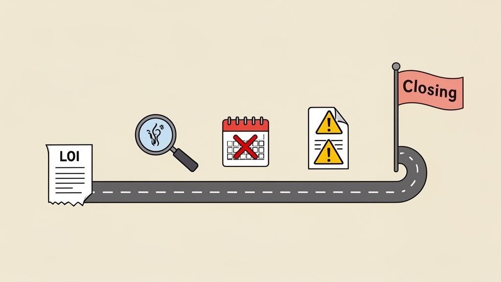 A business process timeline from Letter of Intent through investigation, deadlines, warnings, to closing.