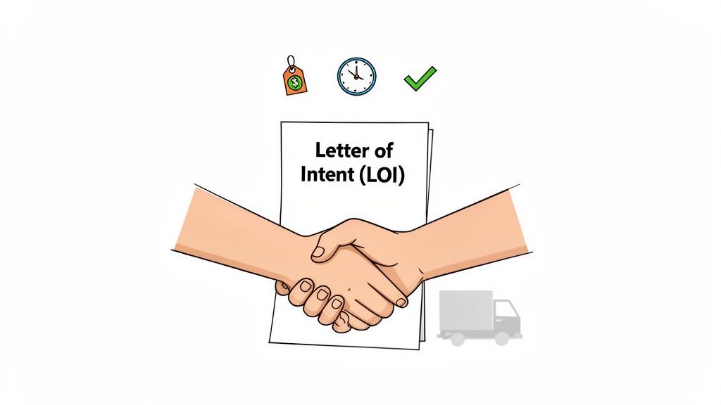 Two hands shaking over a Letter of Intent (LOI) document, with symbols for price, time, and agreement.