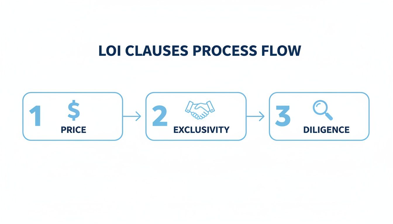 A process flow diagram illustrating LOI clauses steps: 1. Price, 2. Exclusivity, and 3. Diligence.