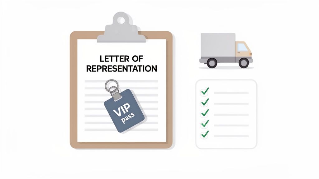 Illustration showing a letter of representation, a VIP pass, a delivery truck, and a checklist.