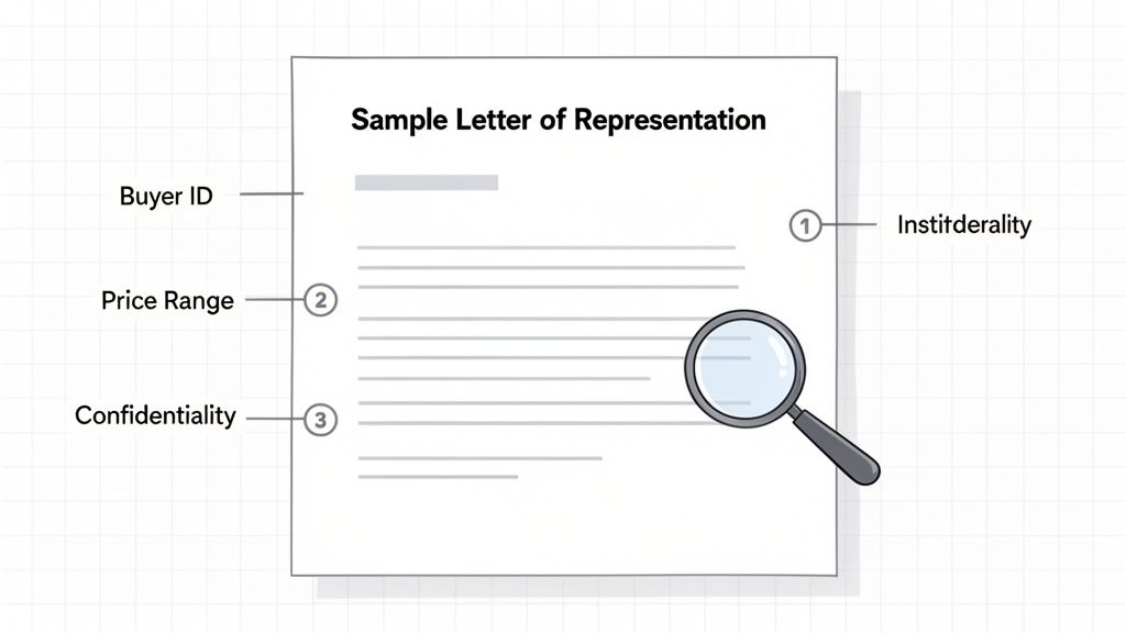 Sample Letter of Representation showing sections like Buyer ID, Price Range, Confidentiality, and Institderality, with a magnifying glass.