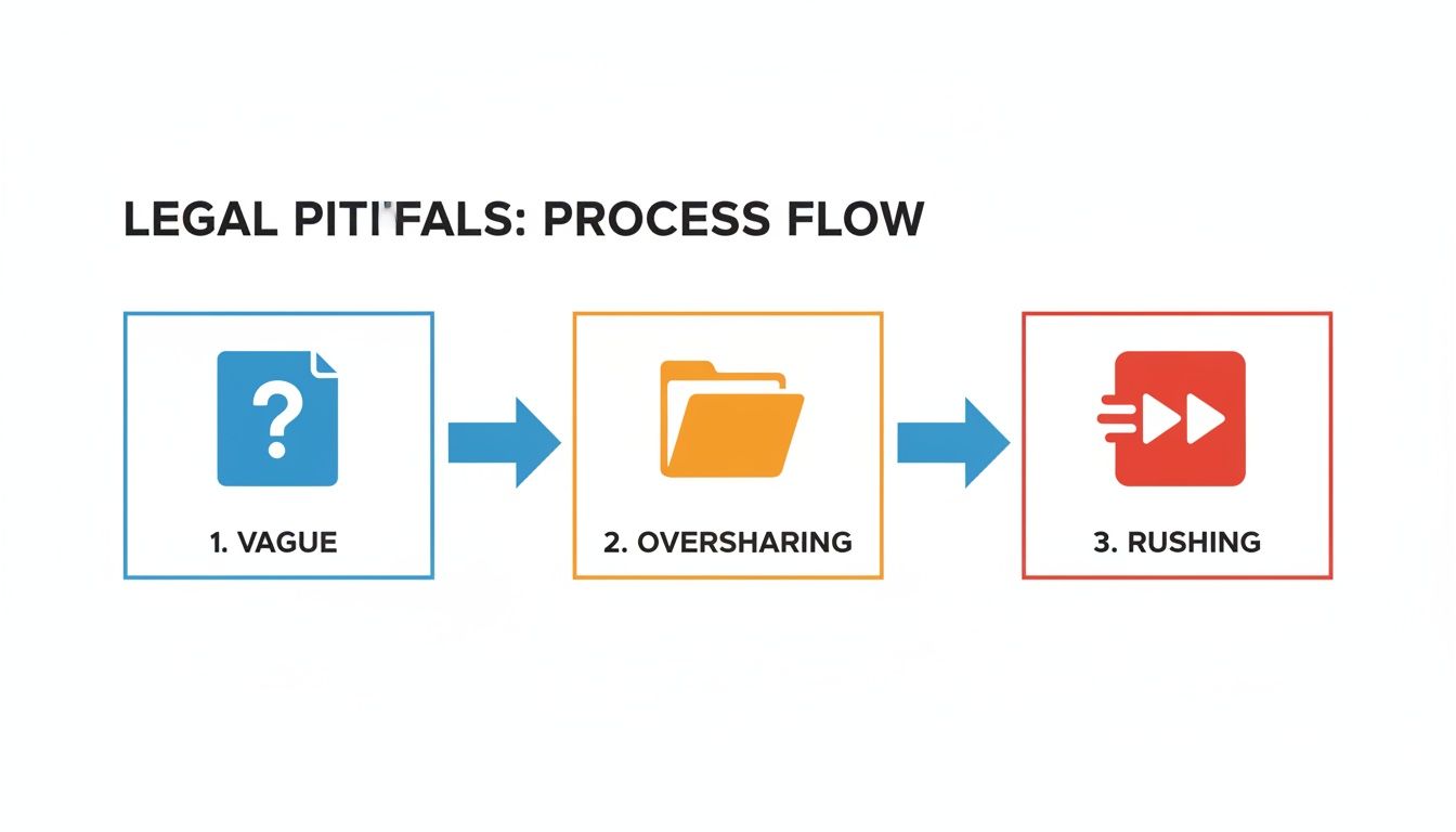A legal process flow diagram illustrating common pitfalls: vagueness, oversharing, and rushing through steps.