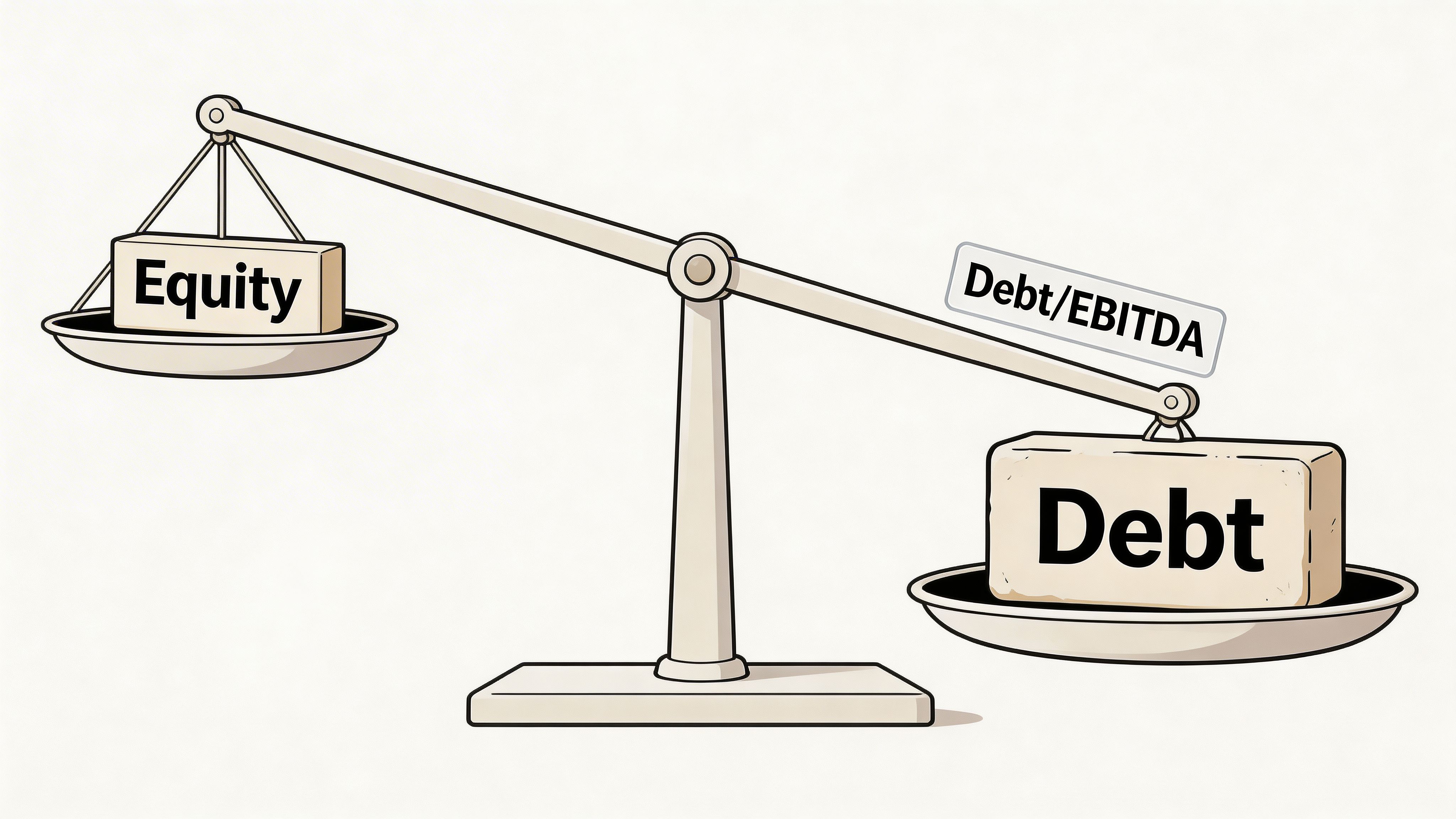 A conceptual illustration of a balance scale depicting the financial relationship between equity and debt leverage.