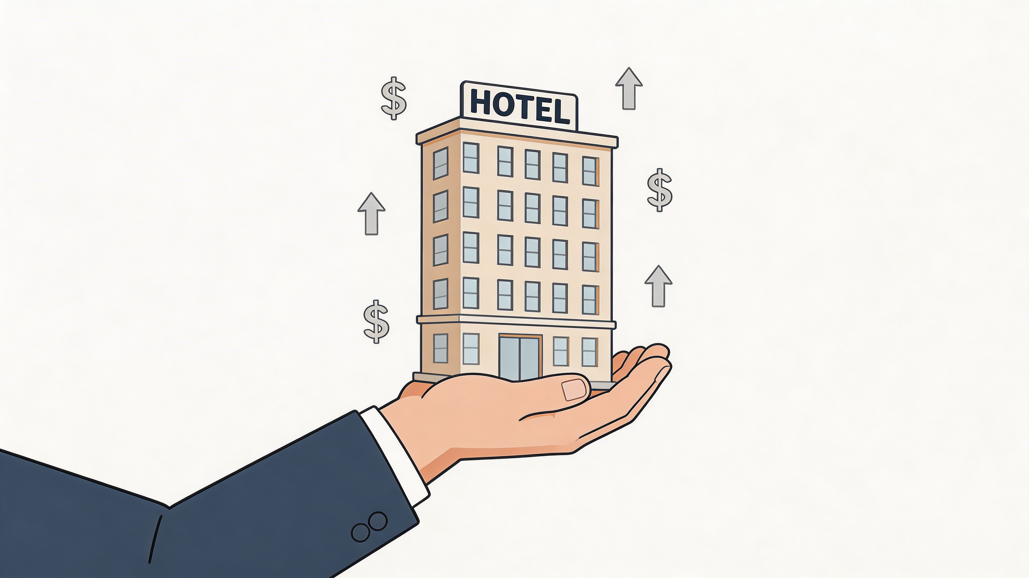 A business person's hand holding a small hotel model with rising arrows and dollar sign icons.