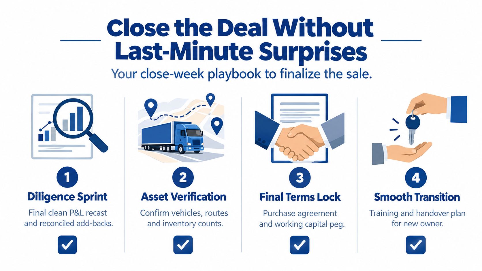 A four-step business sales checklist guide titled Close the Deal Without Last-Minute Surprises with relevant icons.