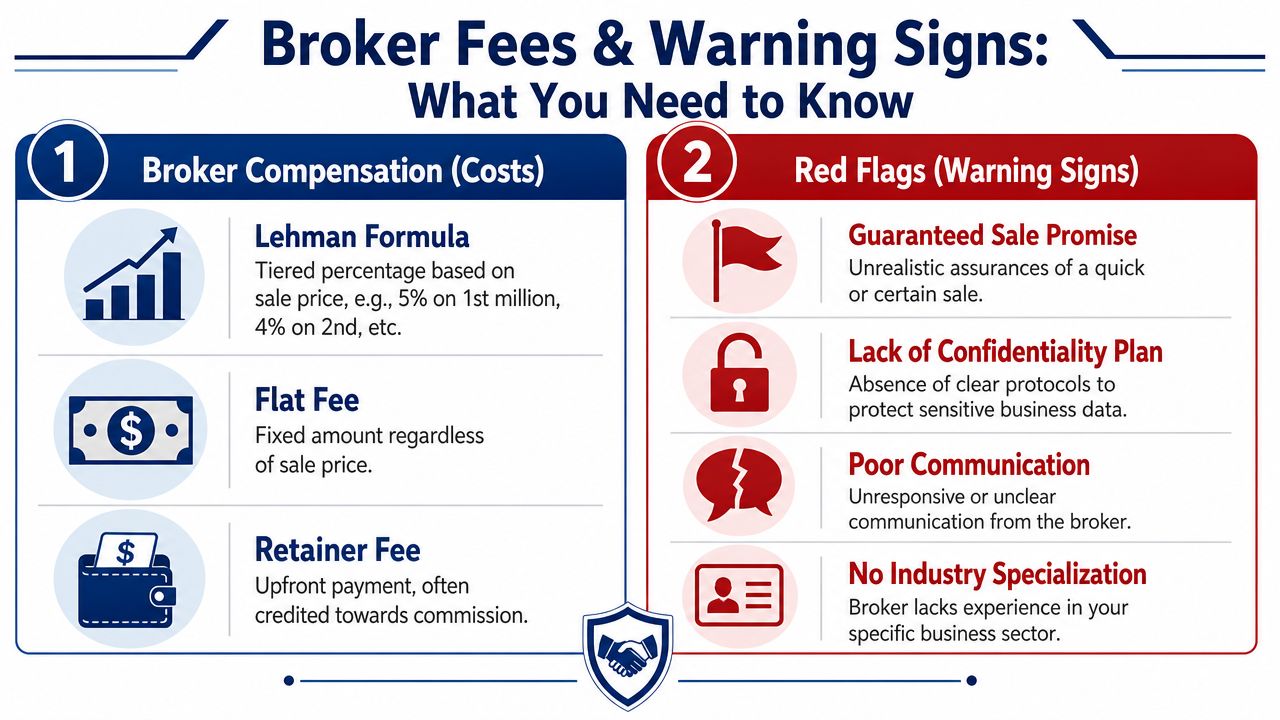 An infographic detailing common business broker compensation structures and warning signs to identify potential red flags.