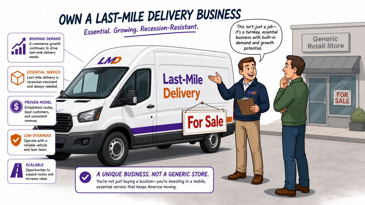 A professional explaining the benefits of owning a last-mile delivery franchise business to a prospective buyer.