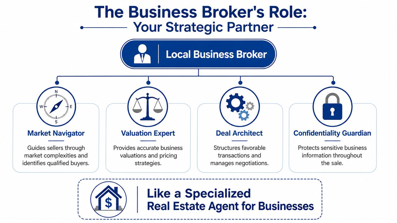 An infographic illustrating the four core roles of a local business broker in professional business sales.