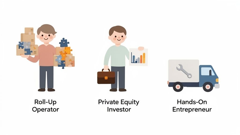 Three cartoon illustrations depicting business roles: Roll-Up Operator, Private Equity Investor, and Hands-On Entrepreneur.