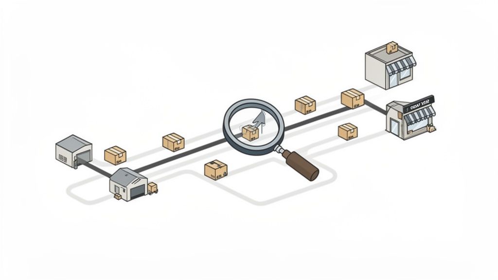 An illustration of a logistics supply chain with warehouses, stores, packages, and a magnifying glass tracking a delivery.