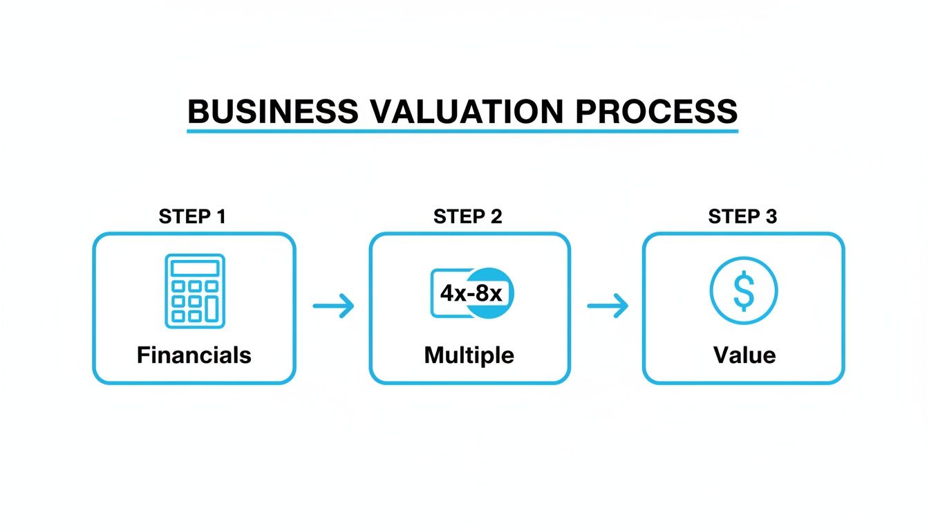 Infographic illustrating the three steps of the business valuation process: Financials, Multiple, and Value.