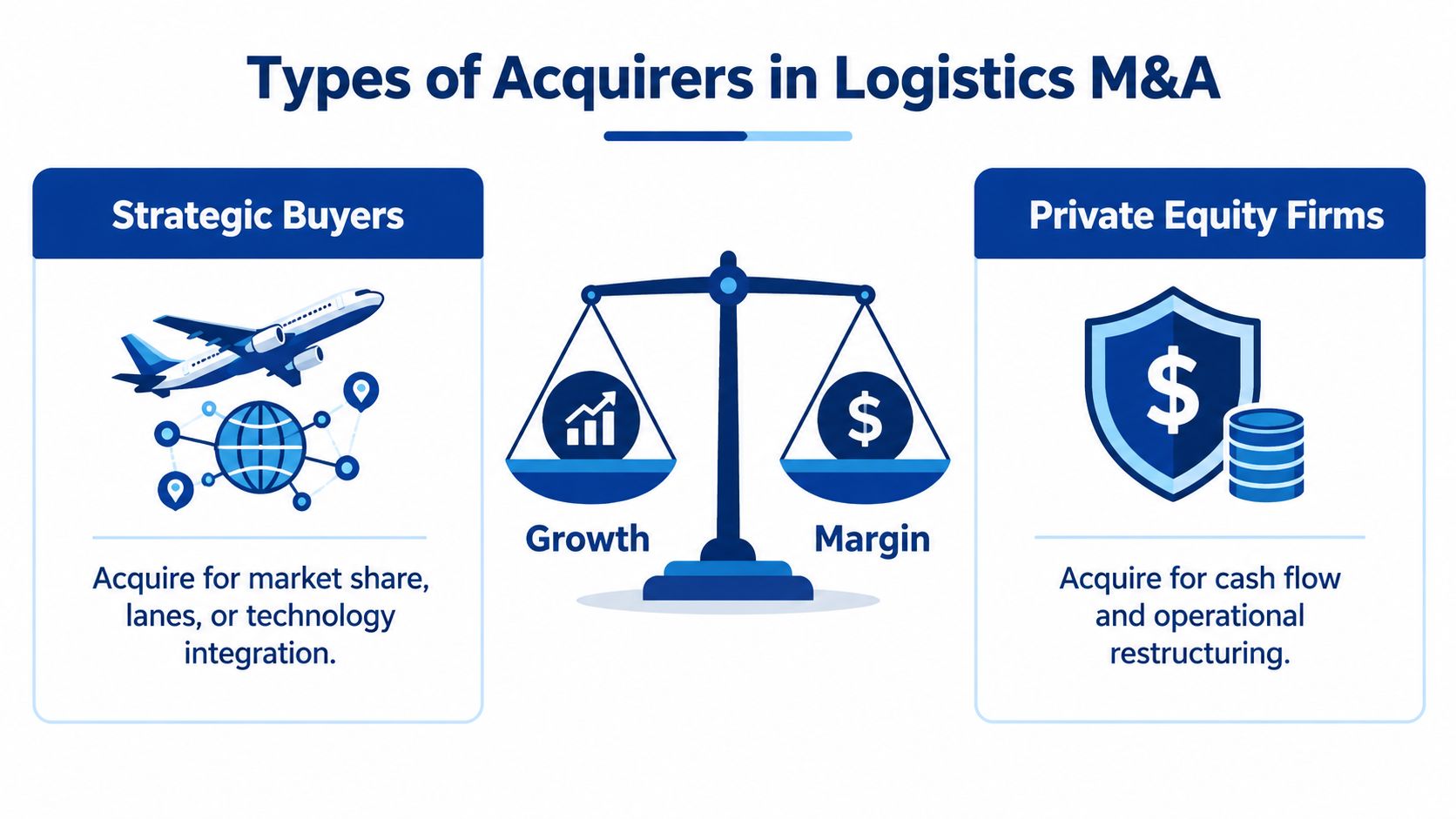 A diagram comparing strategic buyers and private equity firms in the context of logistics mergers and acquisitions.