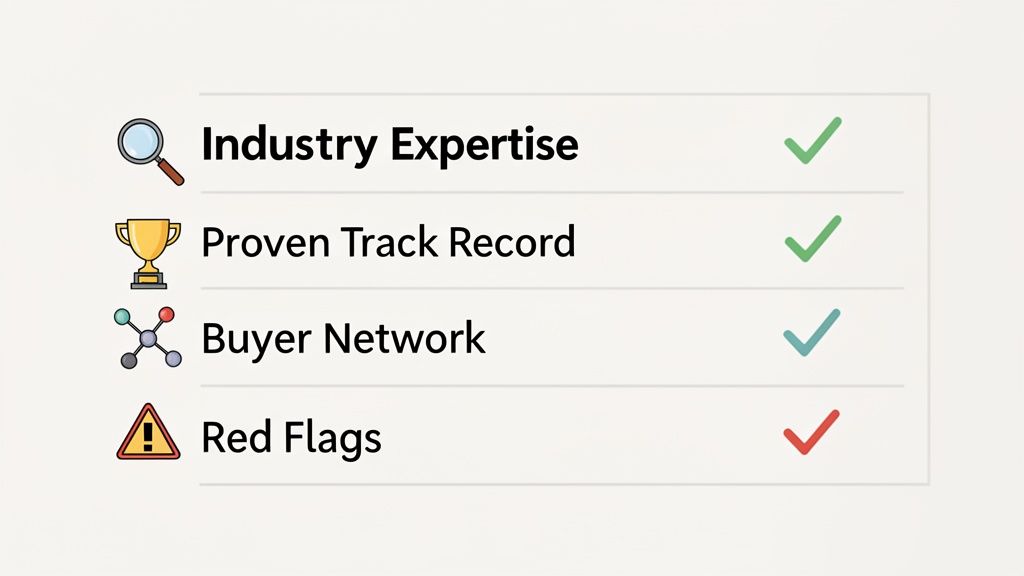 A checklist evaluating M&A advisory services, showing industry expertise, track record, and buyer network as positives, with red flags present.