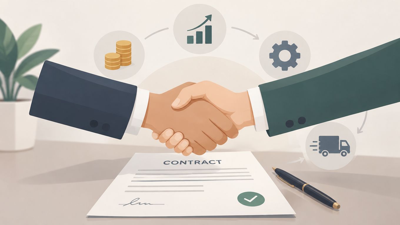 Two people shaking hands over a business contract with process icons illustrating a successful deal closure.
