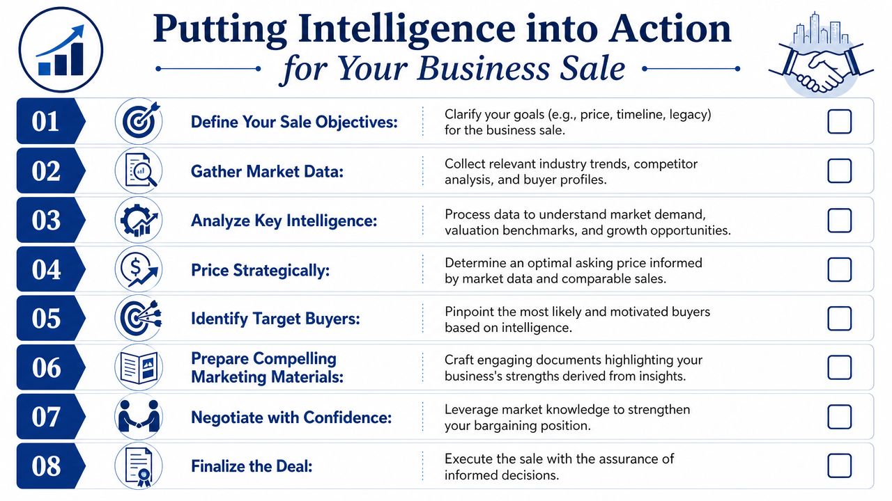 An infographic titled Putting Intelligence into Action showing an eight-step checklist for selling a business successfully.