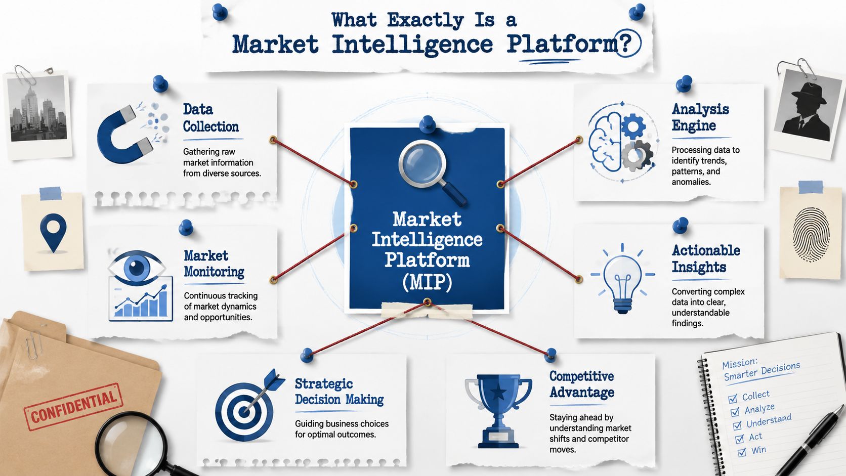 An infographic diagram explaining the core components and benefits of a Market Intelligence Platform for business success.