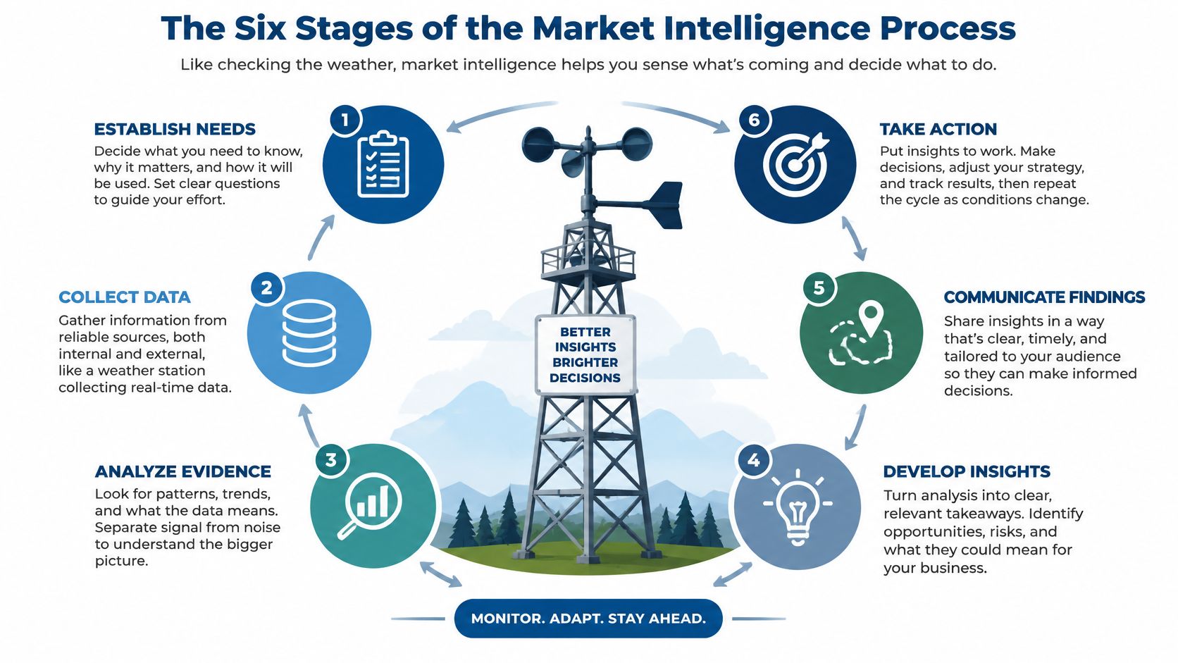 A diagram illustrating the six stages of the market intelligence process, from establishing needs to taking action.
