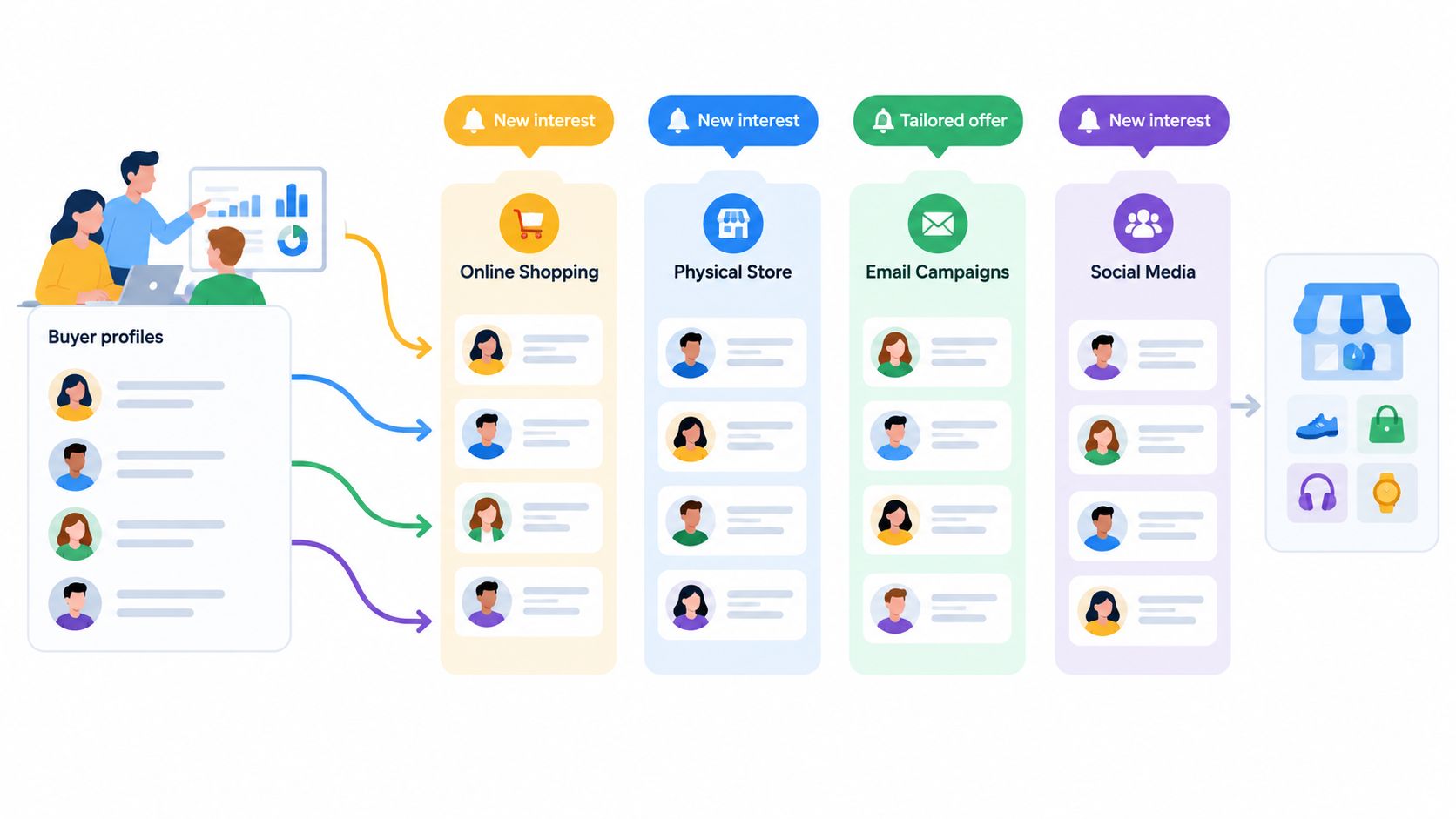 An infographic illustrating a market intelligence process featuring buyer profiles and various customer engagement channels.