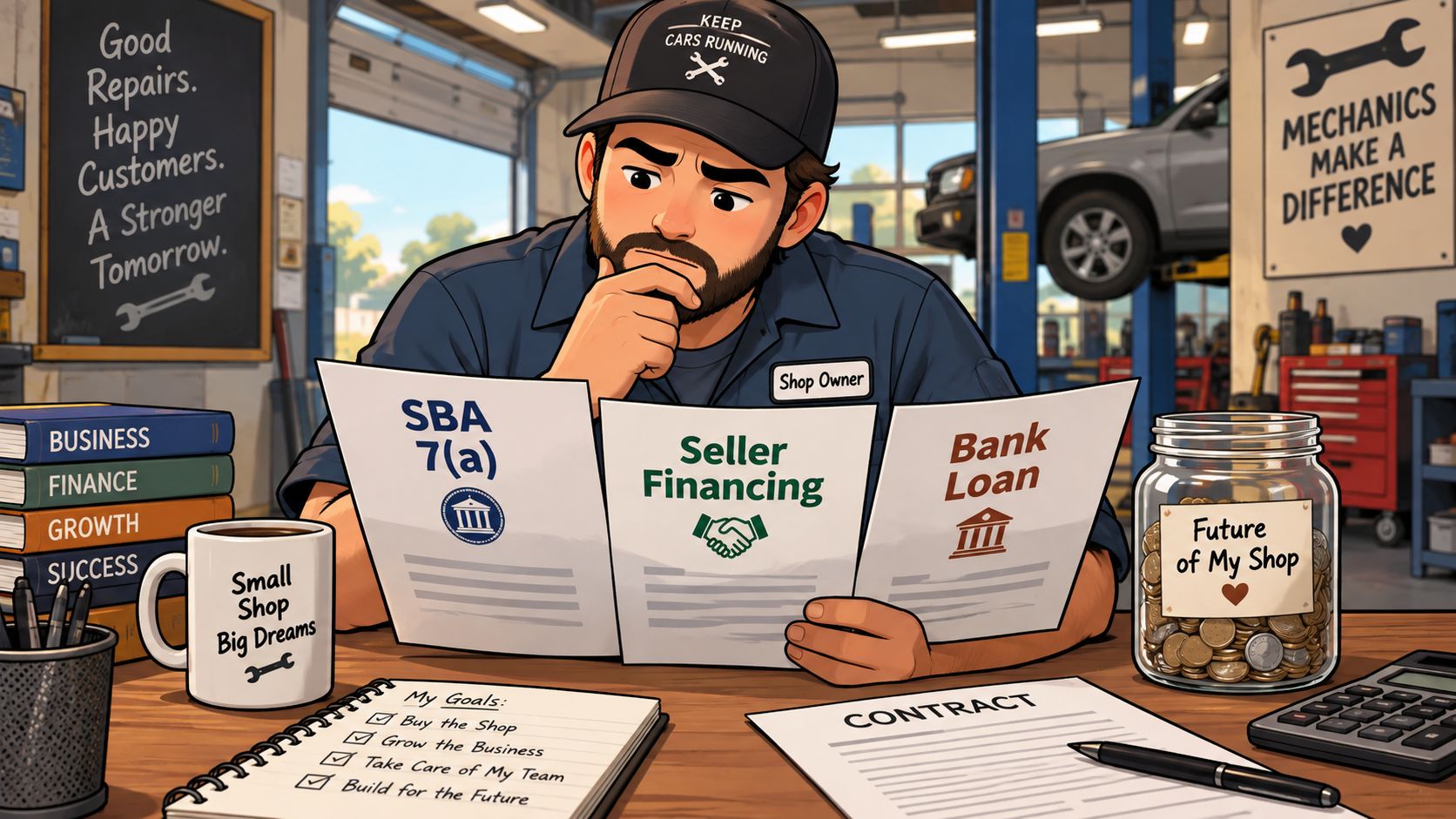 A focused auto mechanic shop owner evaluating business financing options like SBA loans and seller financing for acquisition.