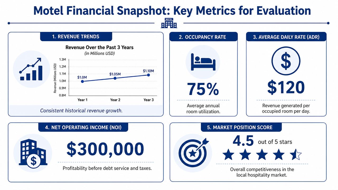 A financial snapshot infographic showing revenue trends, occupancy rate, ADR, net operating income, and market position score.