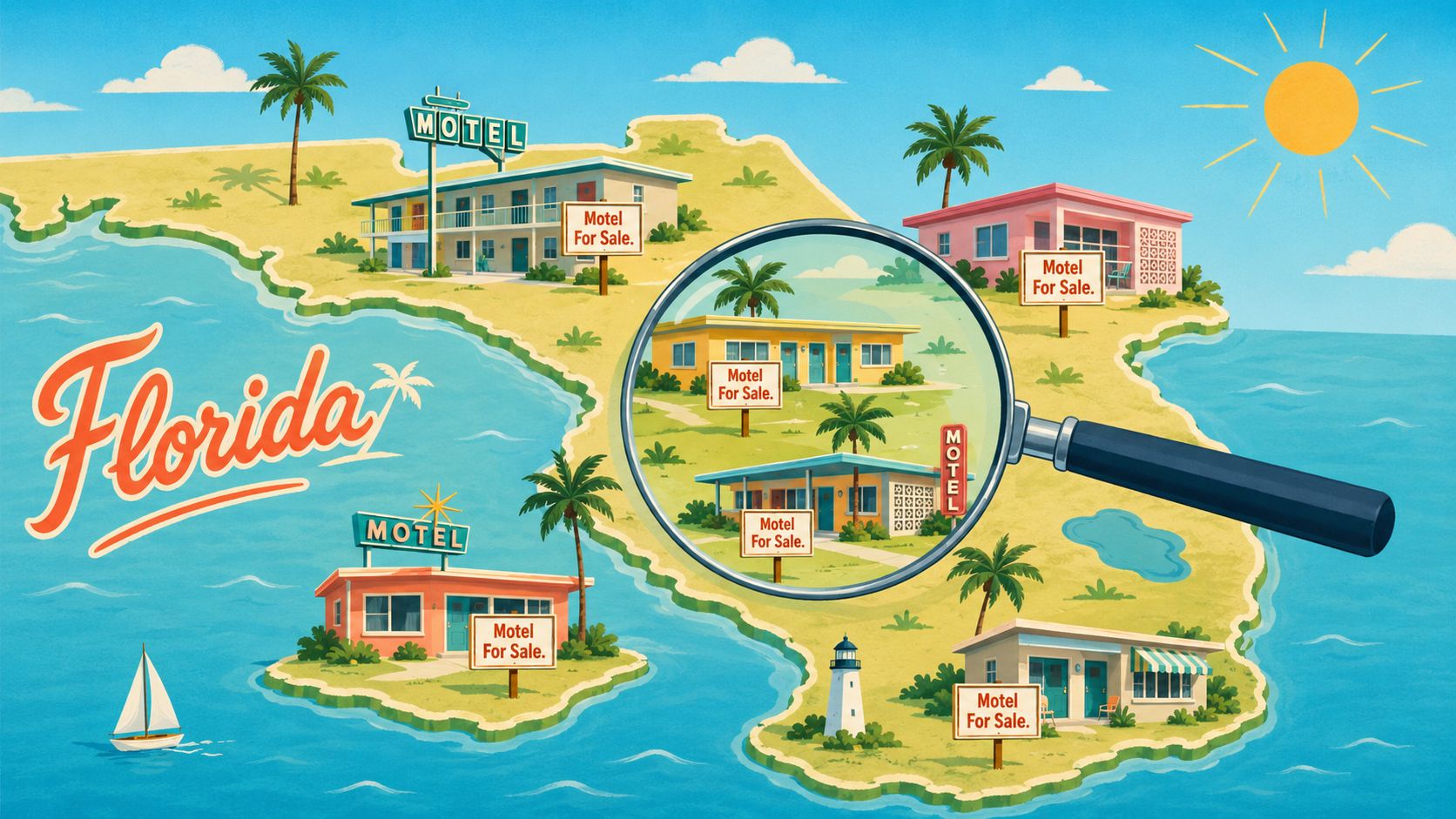 A stylized map of Florida highlighting several motels with For Sale signs under a magnifying glass.