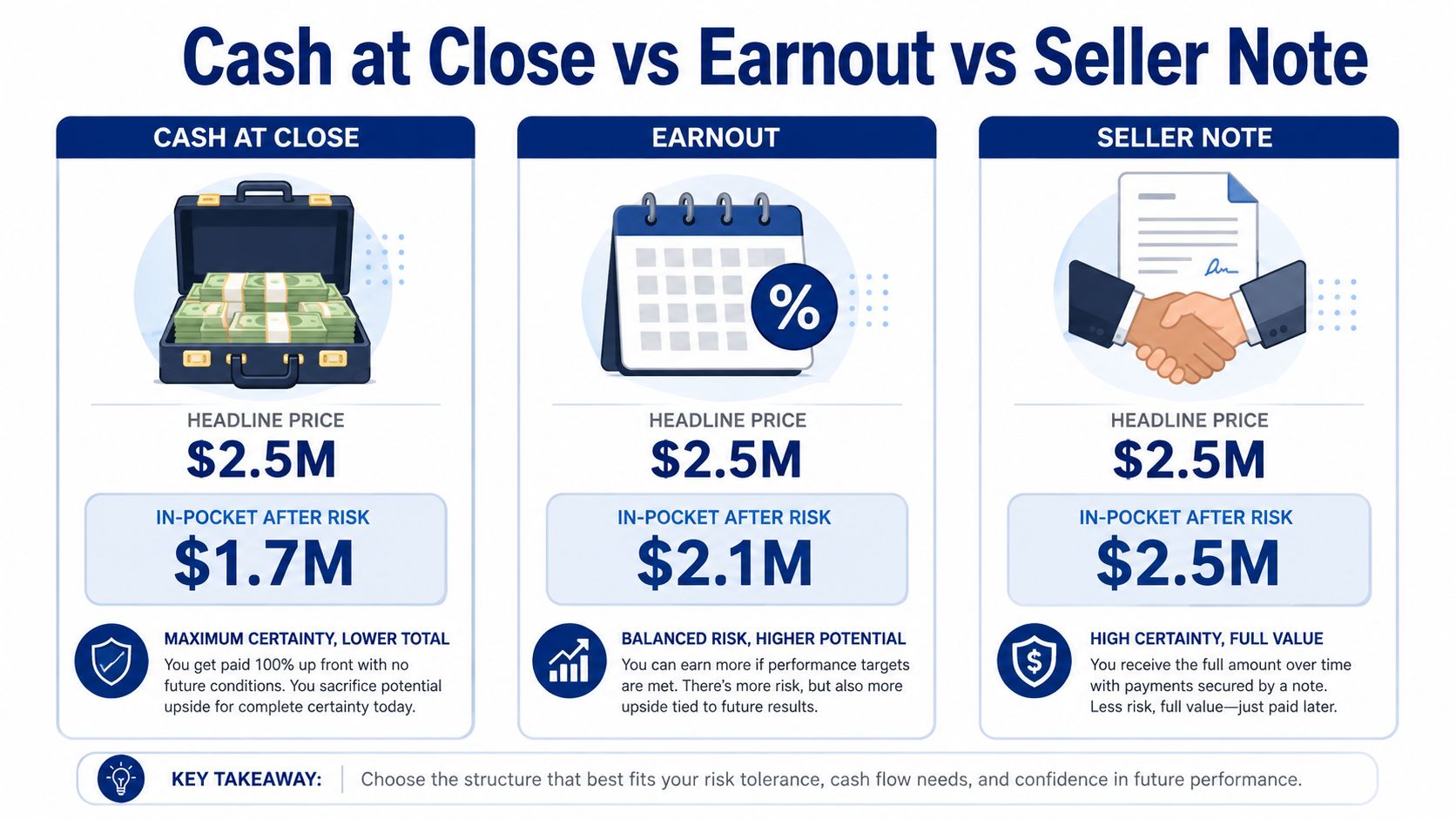 A comparison infographic showing three business deal structures: Cash at Close, Earnout, and Seller Note with financial examples.