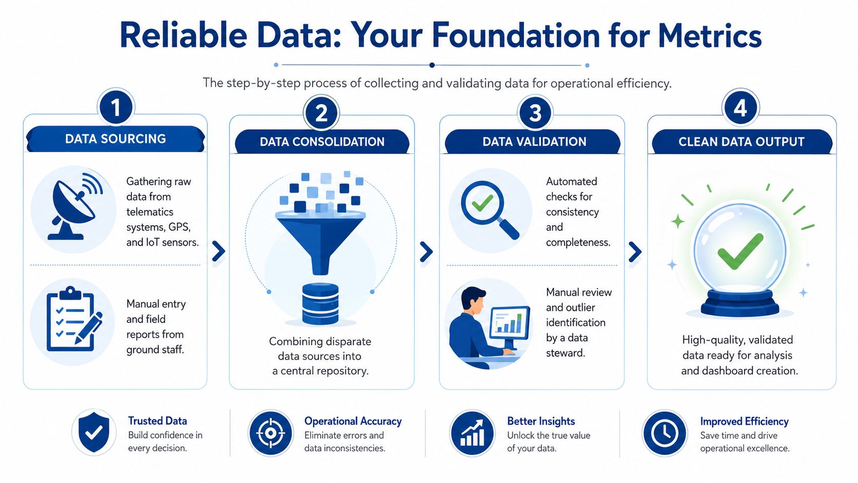 A four-step infographic illustrating the data collection and validation process for achieving high-quality operational efficiency metrics.