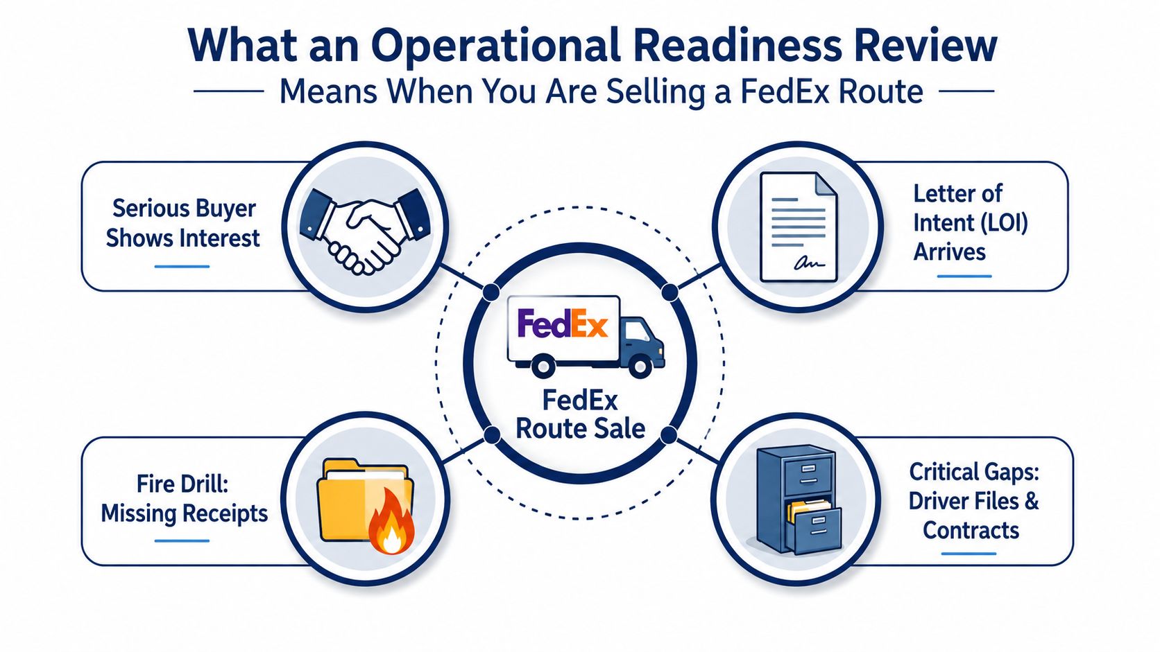 A diagram illustrating the four key stages of an operational readiness review for selling a FedEx route.