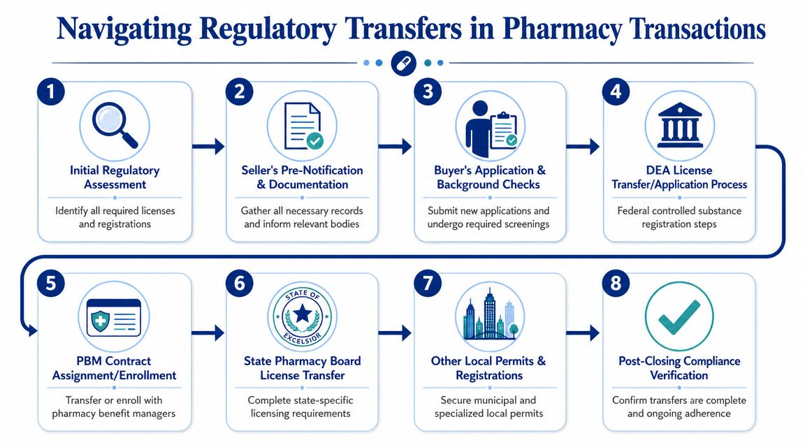 An infographic titled Navigating Regulatory Transfers in Pharmacy Transactions outlining an eight-step process for compliance.