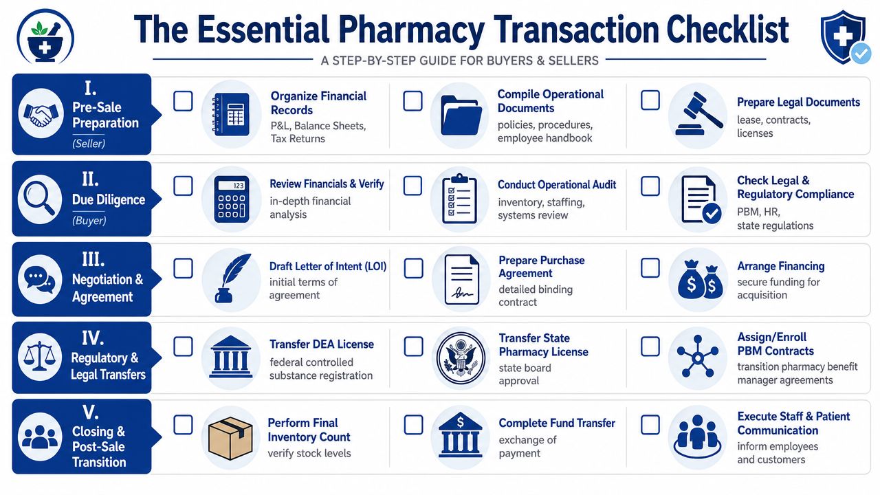 A comprehensive five-step checklist for buying and selling a pharmacy, detailing pre-sale, due diligence, and closing procedures.