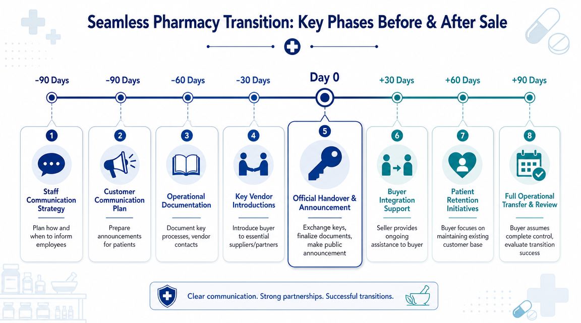 A timeline graphic showing the eight key phases of a seamless pharmacy transition from sale to completion.