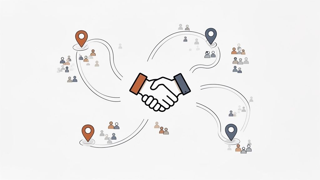 A central handshake connects groups of people at four different location pins, symbolizing collaboration and integration.