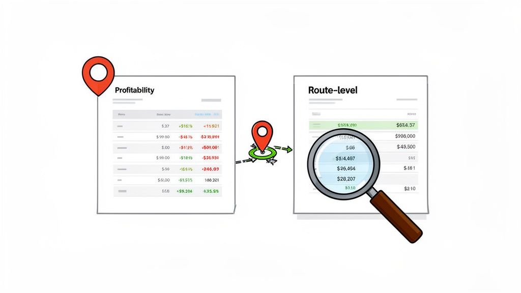 Two documents, 'Profitability' and 'Route-level', show data connected by a location pin, highlighting detailed analysis.