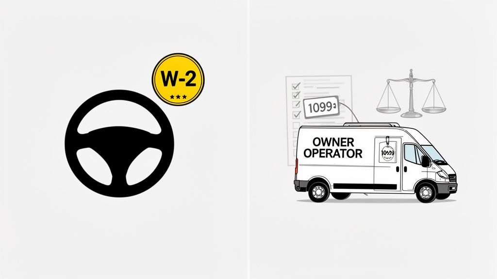 Comparison of W-2 employment (steering wheel) versus 1099 owner-operator (van with checklist, scales of justice).