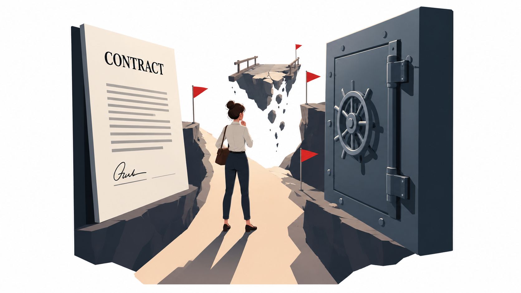 A professional woman standing between a large legal contract and a massive bank vault, contemplating financial decisions.