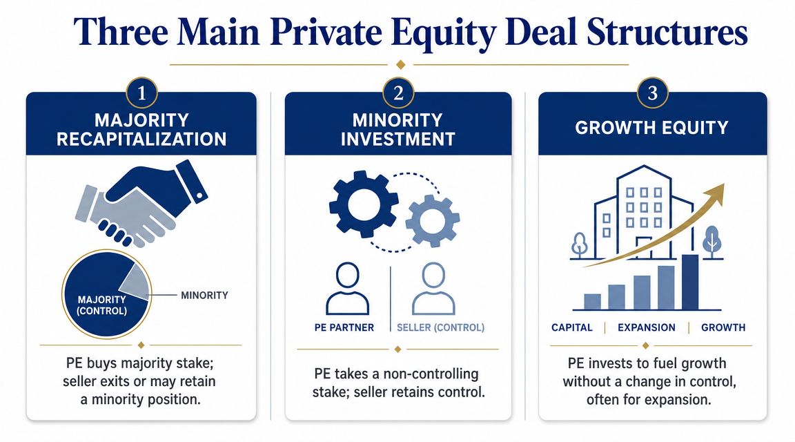 An infographic illustrating the three main deal structures in private equity: majority recapitalization, minority investment, and growth equity.