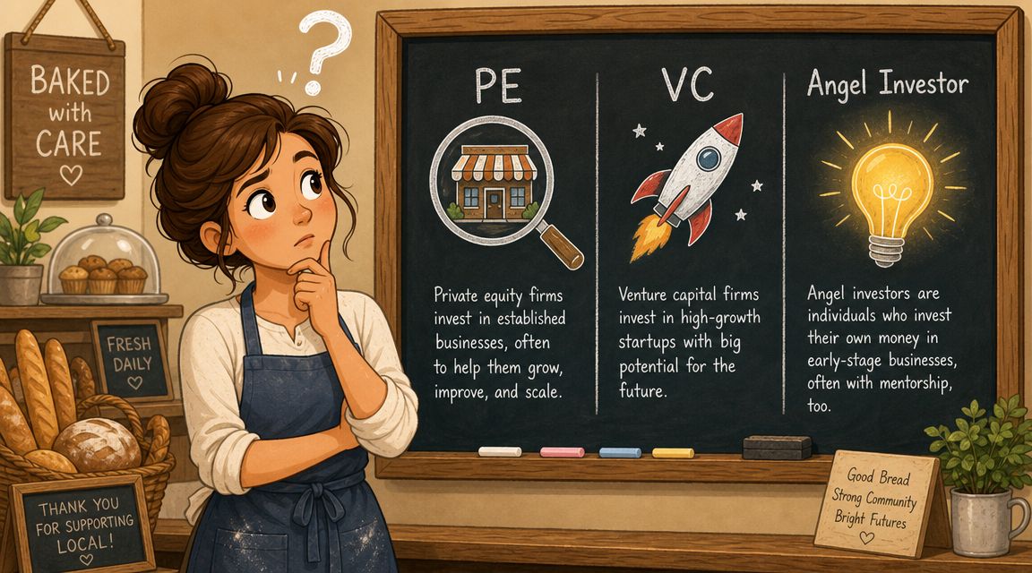 A woman baker stands thoughtfully in front of a blackboard explaining PE, VC, and Angel Investor concepts.